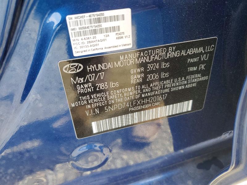 78168735 :رقم المزاد ، 5NPD74LFXHH201617 vin ، 2017 Hyundai Elantra مزاد بيع