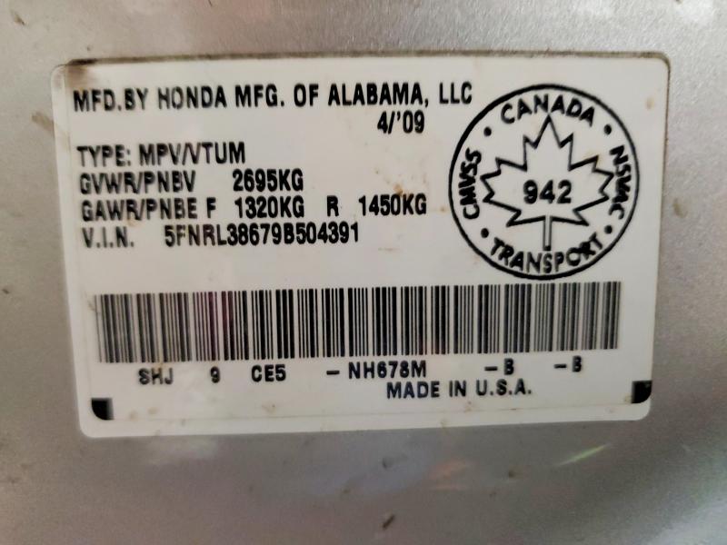 Aukcja sprzedaży 2009 Honda Odyssey, vin: 5FNRL38679B504391, numer aukcji: 75576645