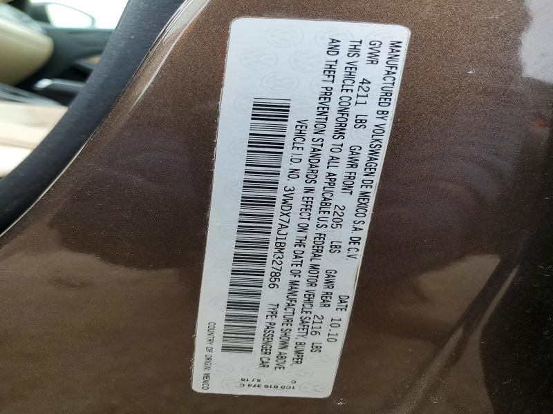 2011 Volkswagen Jetta მანქანა იყიდება აუქციონზე, vin: 3VWDX7AJ1BM327856, აუქციონის ნომერი: 76212345