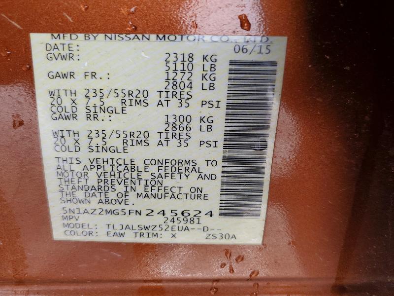 2015 Nissan Murano მანქანა იყიდება აუქციონზე, vin: 5N1AZ2MG5FN245624, აუქციონის ნომერი: 77425465