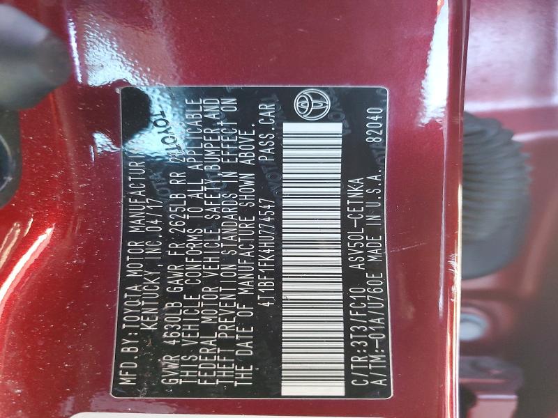 2017 Toyota Camry მანქანა იყიდება აუქციონზე, vin: 4T1BF1FK4HU774547, აუქციონის ნომერი: 75445875