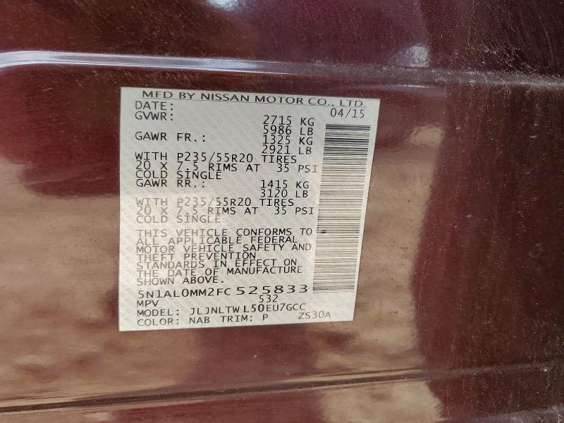78413435 :رقم المزاد ، 5N1AL0MM2FC525833 vin ، 2015 Infiniti Qx60 مزاد بيع