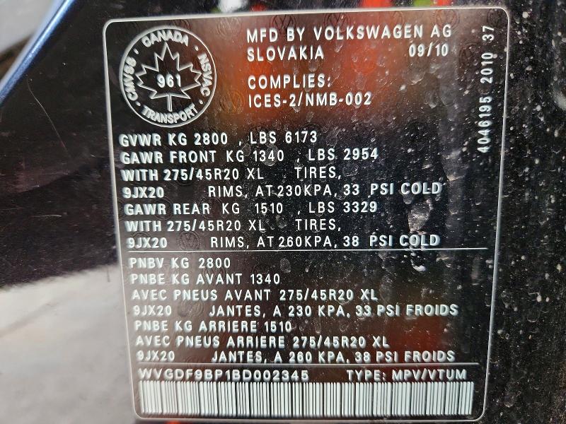 Продажа на аукционе авто 2011 Volkswagen Touareg, vin: WVGDF9BP1BD002345, номер лота: 76486815