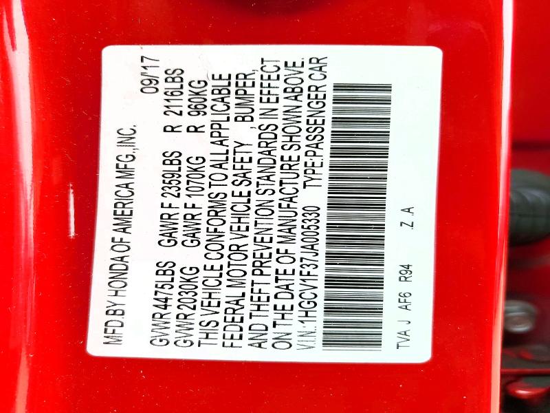 2018 Honda Accord მანქანა იყიდება აუქციონზე, vin: 1HGCV1F37JA005330, აუქციონის ნომერი: 76715515