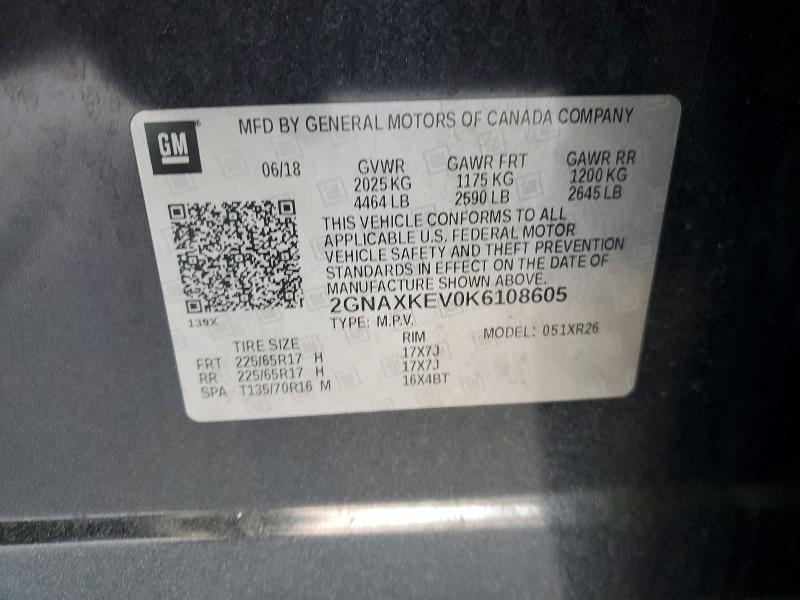 78826725 :رقم المزاد ، 2GNAXKEV0K6108605 vin ، 2019 Chevrolet Equinox مزاد بيع
