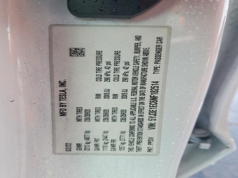 2022 Tesla Model 3 მანქანა იყიდება აუქციონზე, vin: 5YJ3E1EC6NF182514, აუქციონის ნომერი: 78253315