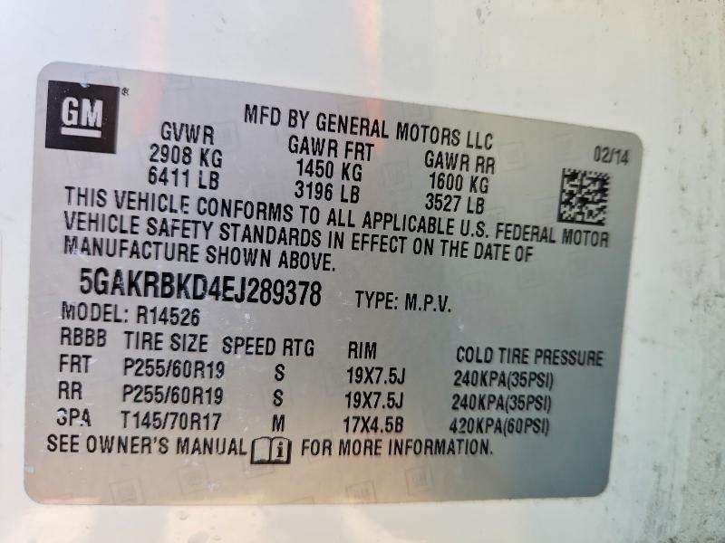 74847685 :رقم المزاد ، 5GAKRBKD4EJ289378 vin ، 2014 Buick Enclave مزاد بيع