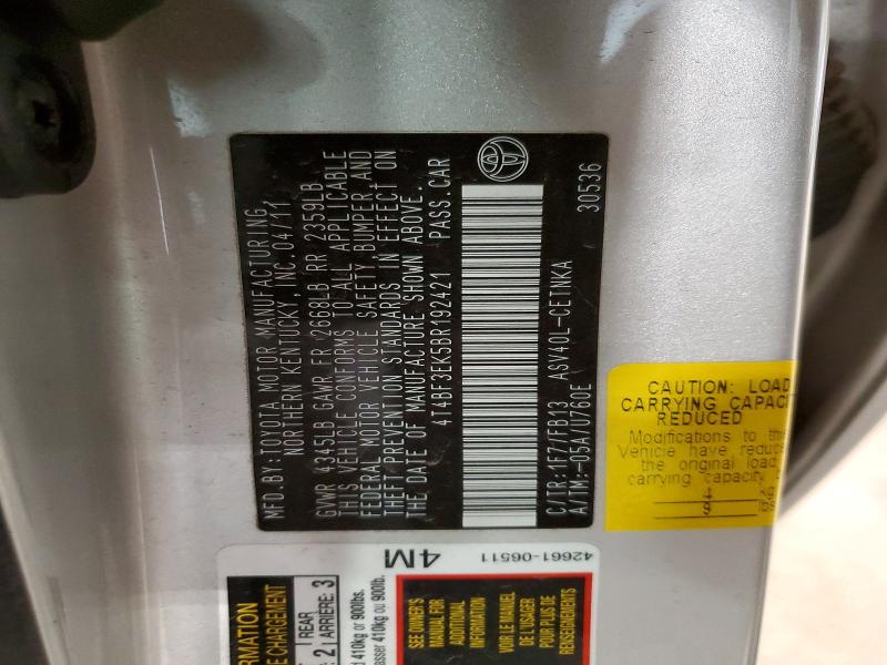 2011 Toyota Camry მანქანა იყიდება აუქციონზე, vin: 4T4BF3EK5BR192421, აუქციონის ნომერი: 79296205