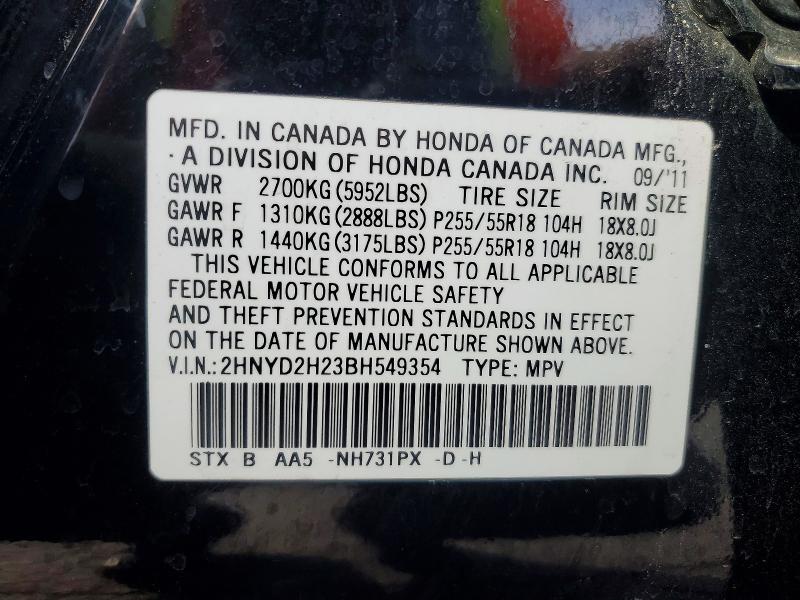 Auction sale of the 2011 Acura Mdx, vin: 2HNYD2H23BH549354, lot number: 78136955
