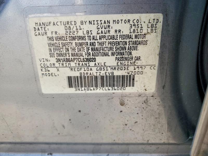 2012 Nissan Sentra მანქანა იყიდება აუქციონზე, vin: 3N1AB6AP7CL636020, აუქციონის ნომერი: 77580985