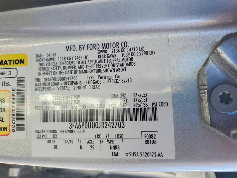 2018 Ford Fusion მანქანა იყიდება აუქციონზე, vin: 3FA6P0UU0JR242703, აუქციონის ნომერი: 75451965