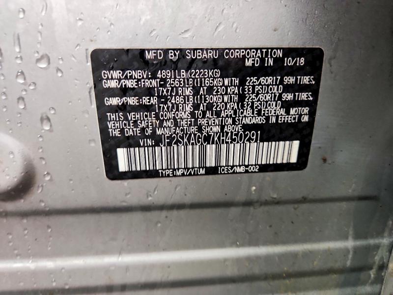 2019 Subaru Forester მანქანა იყიდება აუქციონზე, vin: JF2SKAGC7KH450291, აუქციონის ნომერი: 78993305