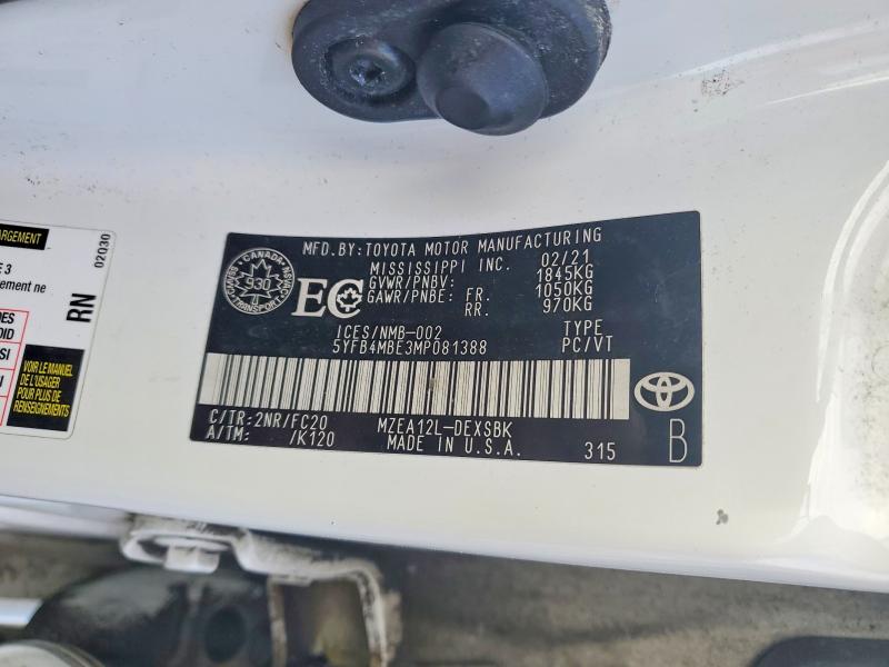 77501425 :رقم المزاد ، 5YFB4MBE3MP081388 vin ، 2021 Toyota Corolla مزاد بيع