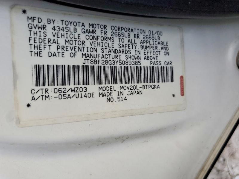 Aukcja sprzedaży 2000 Lexus Es 300, vin: JT8BF28G3Y5089385, numer aukcji: 77111315
