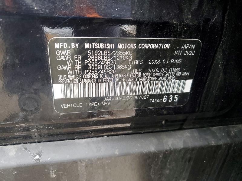 78441245 :رقم المزاد ، JA4J4UA8XNZ067027 vin ، 2022 Mitsubishi Outlander مزاد بيع