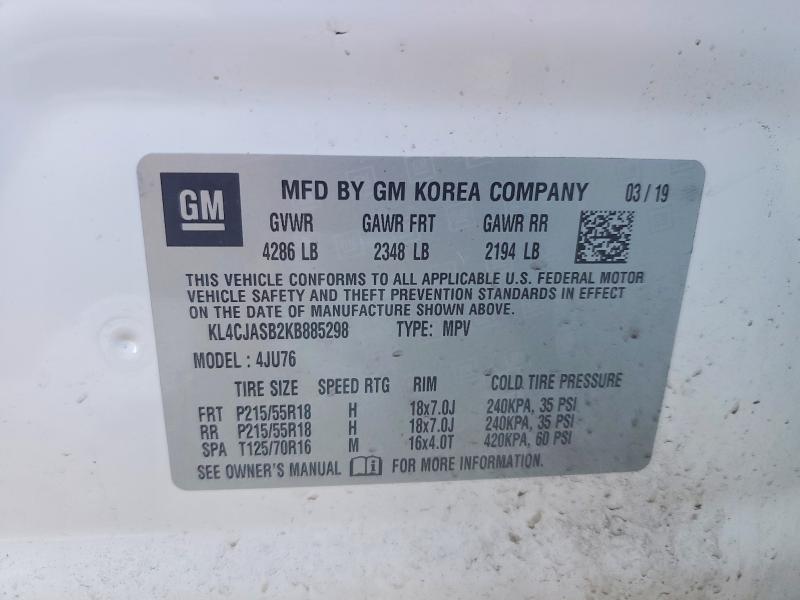 77033815 :رقم المزاد ، KL4CJASB2KB885298 vin ، 2019 Buick Encore مزاد بيع
