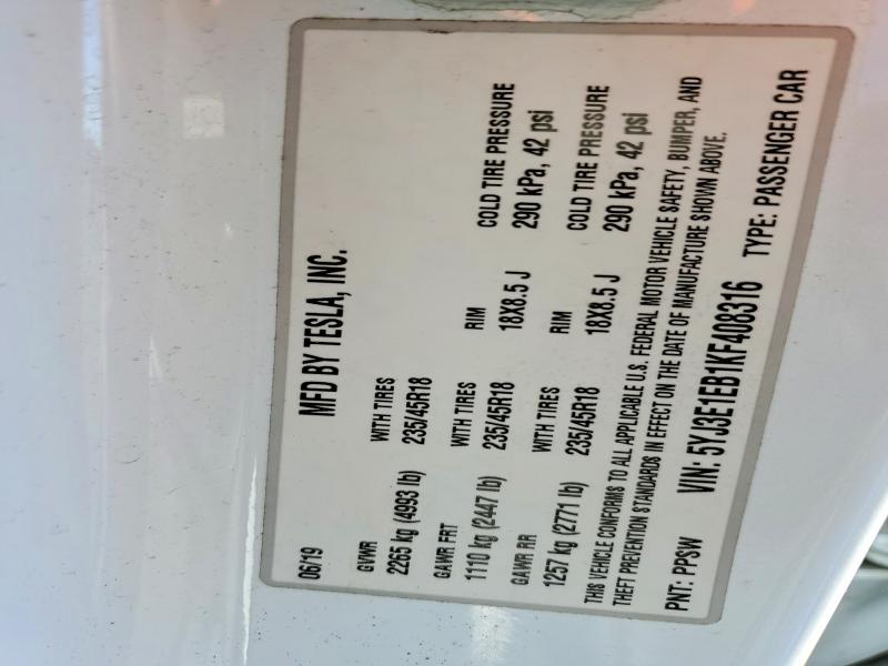 Продажа на аукционе авто 2019 Tesla Model 3, vin: 5YJ3E1EB1KF408316, номер лота: 78447815