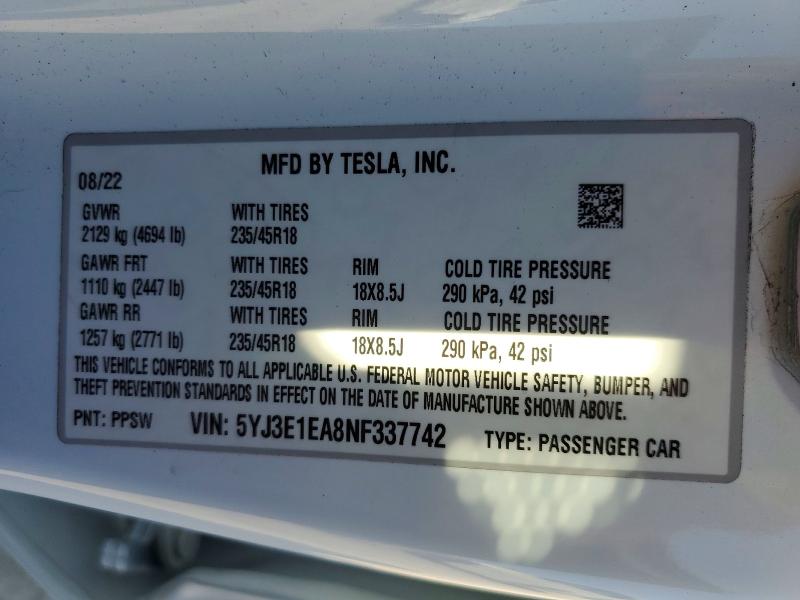Продажа на аукционе авто 2022 Tesla Model 3, vin: 5YJ3E1EA8NF337742, номер лота: 77355695