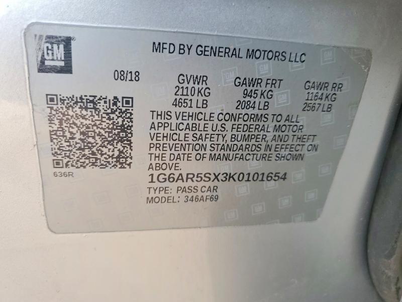 77006355 :رقم المزاد ، 1G6AR5SX3K0101654 vin ، 2019 Cadillac Cts مزاد بيع