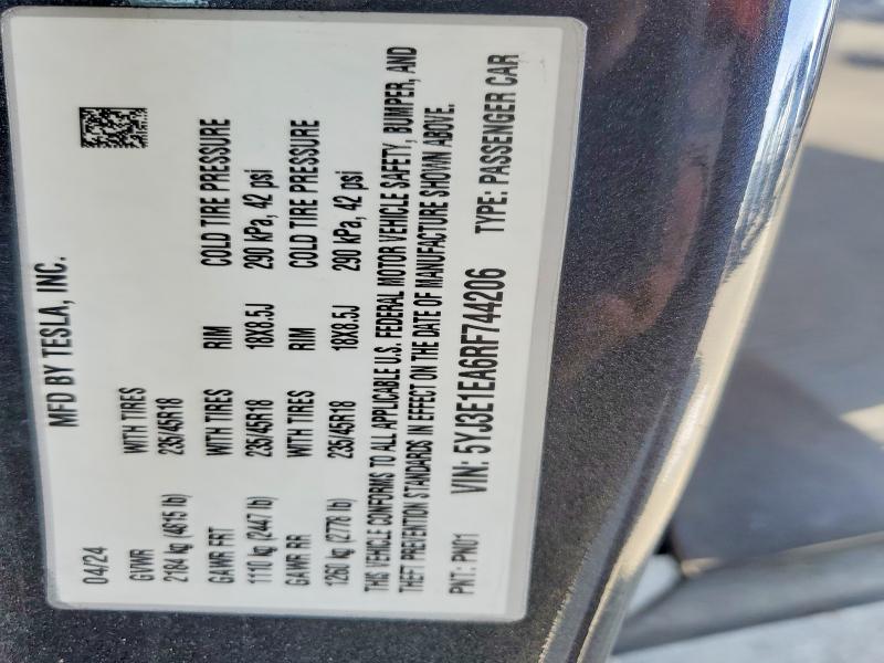 2024 Tesla Model 3 მანქანა იყიდება აუქციონზე, vin: 5YJ3E1EA6RF744206, აუქციონის ნომერი: 78614665
