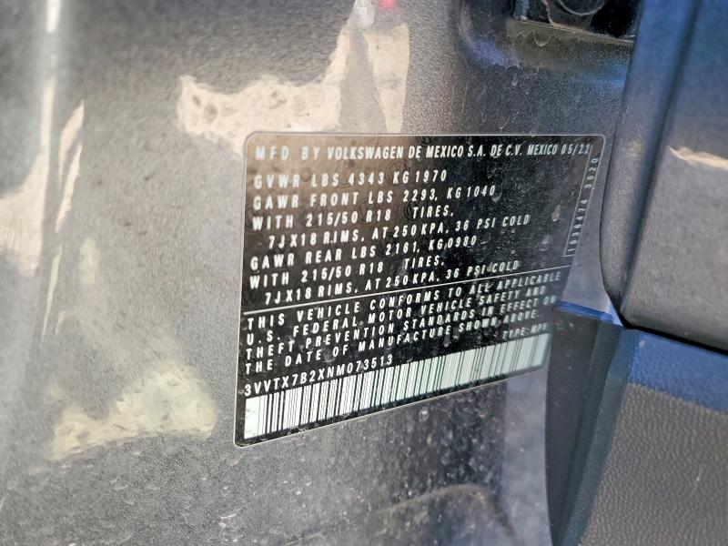 Aukcja sprzedaży 2022 Volkswagen Taos, vin: 3VVTX7B2XNM073513, numer aukcji: 78907785