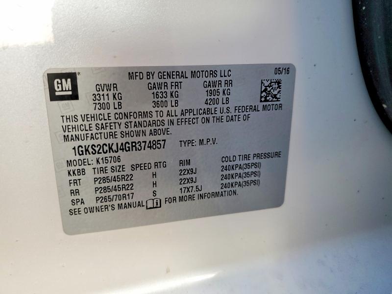 76560295 :رقم المزاد ، 1GKS2CKJ4GR374857 vin ، 2016 Gmc Yukon مزاد بيع