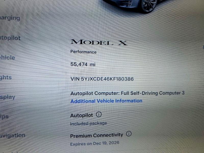 Auction sale of the 2019 Tesla Model X, vin: 5YJXCDE46KF180386, lot number: 78094385