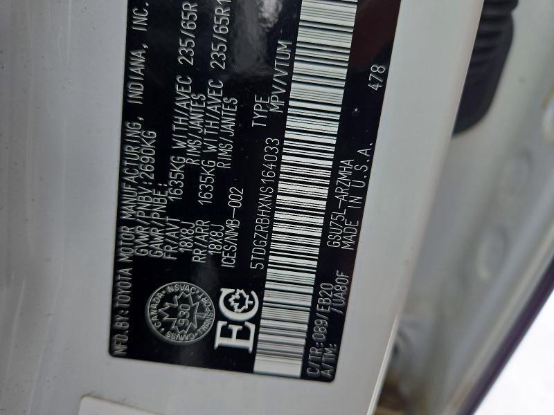 2022 Toyota Highlander მანქანა იყიდება აუქციონზე, vin: 5TDGZRBHXNS164033, აუქციონის ნომერი: 75898565