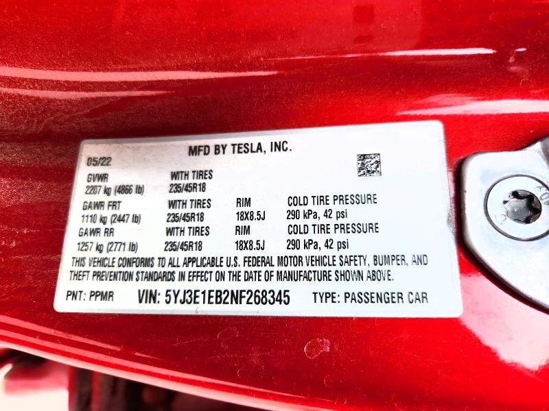 Auction sale of the 2022 Tesla Model 3, vin: 5YJ3E1EB2NF268345, lot number: 74631175