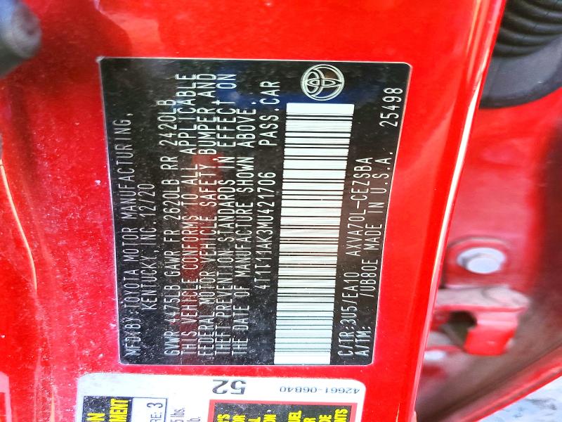 2021 Toyota Camry მანქანა იყიდება აუქციონზე, vin: 4T1T11AK3MU421706, აუქციონის ნომერი: 77734425