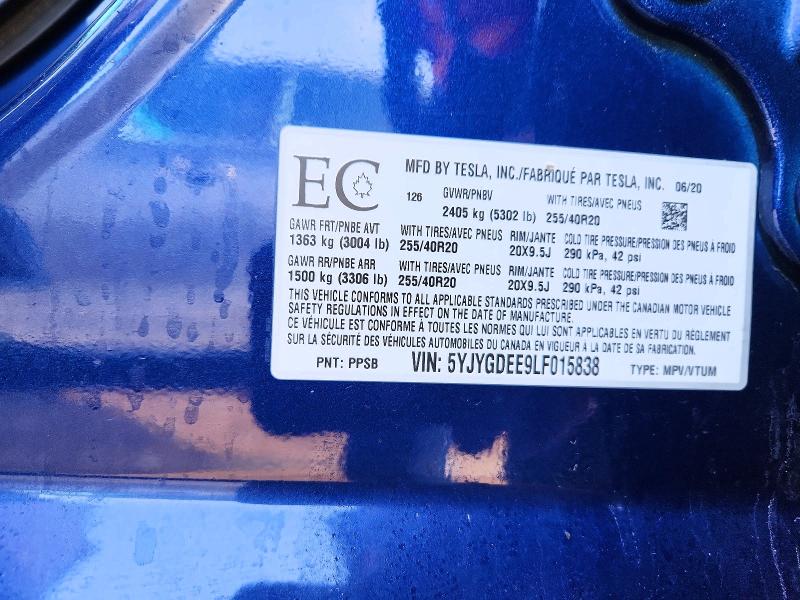 2020 Tesla Model Y მანქანა იყიდება აუქციონზე, vin: 5YJYGDEE9LF015838, აუქციონის ნომერი: 74439575