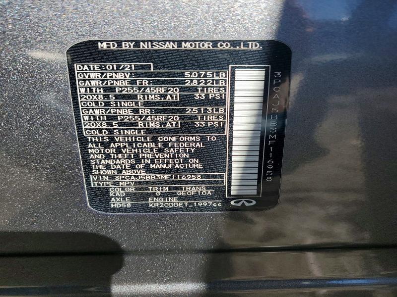 Aukcja sprzedaży 2021 Infiniti Qx50 Luxe, vin: 3PCAJ5BB3MF116958, numer aukcji: 77178325