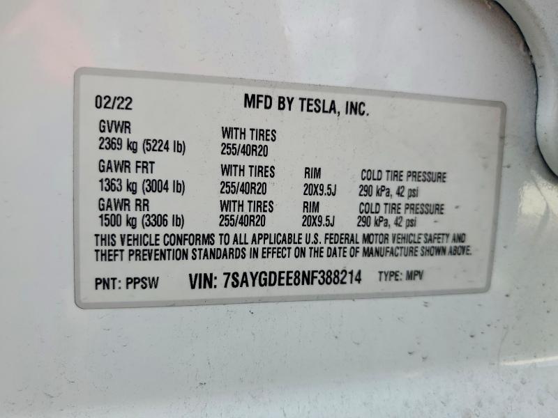 76976515 :رقم المزاد ، 7SAYGDEE8NF388214 vin ، 2022 Tesla Model Y مزاد بيع