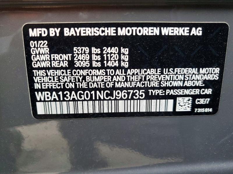 77373465 :رقم المزاد ، WBA13AG01NCJ96735 vin ، 2022 Bmw 530e مزاد بيع