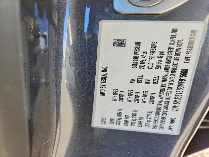 77183585 :رقم المزاد ، 5YJ3E1EB3MF915608 vin ، 2021 Tesla Model 3 مزاد بيع