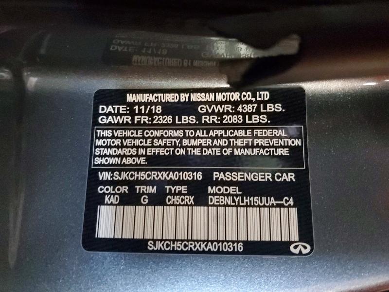 75033145 :رقم المزاد ، SJKCH5CRXKA010316 vin ، 2019 Infiniti Qx30 مزاد بيع