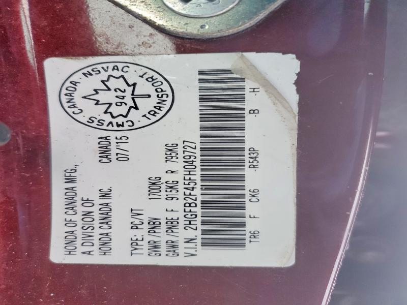 Aukcja sprzedaży 2015 Honda Civic, vin: 2HGFB2F45FH049727, numer aukcji: 78736095