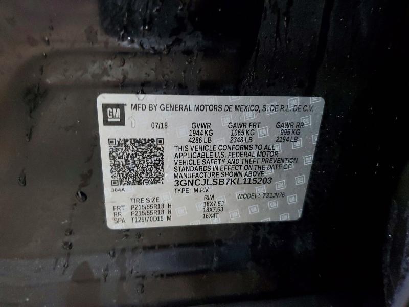 2019 Chevrolet Trax მანქანა იყიდება აუქციონზე, vin: 3GNCJLSB7KL115203, აუქციონის ნომერი: 78377415