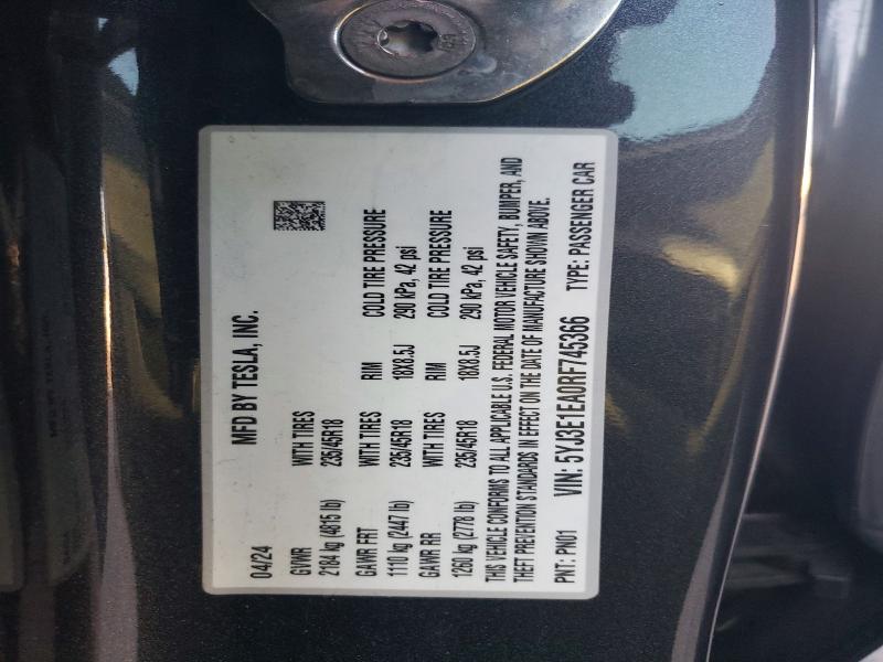 74906855 :رقم المزاد ، 5YJ3E1EA0RF745366 vin ، 2024 Tesla Model 3 مزاد بيع