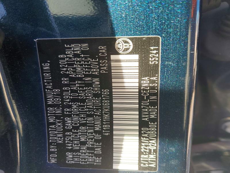 75971465 :رقم المزاد ، 4T1B11HK7KU681766 vin ، 2019 Toyota Camry مزاد بيع