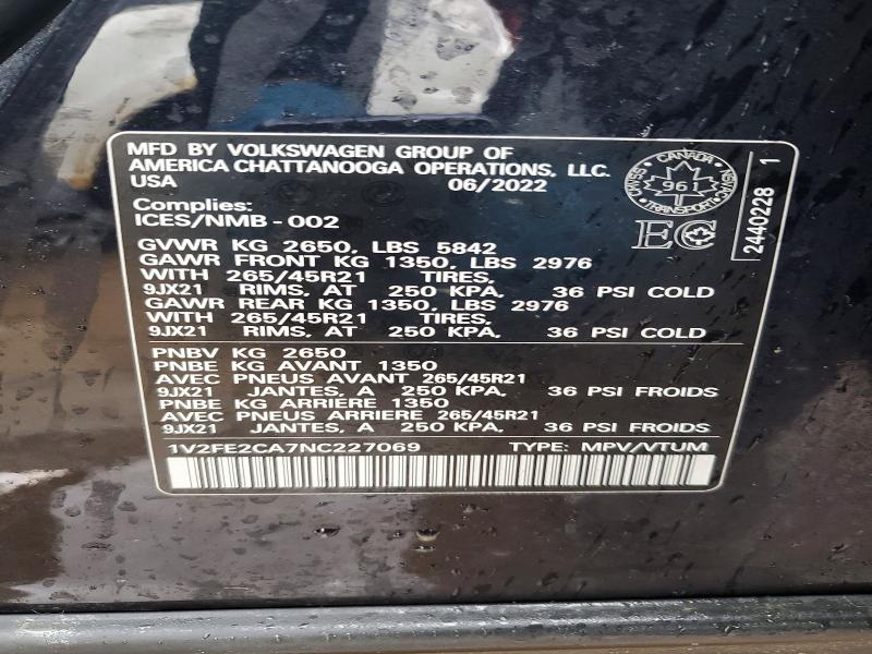Продажа на аукционе авто 2022 Volkswagen Atlas Cross Sport, vin: 1V2FE2CA7NC227069, номер лота: 78214005
