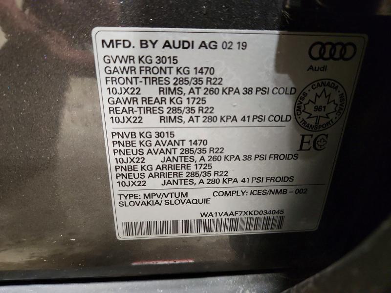 2019 Audi Q7 მანქანა იყიდება აუქციონზე, vin: WA1VAAF7XKD034045, აუქციონის ნომერი: 74449265