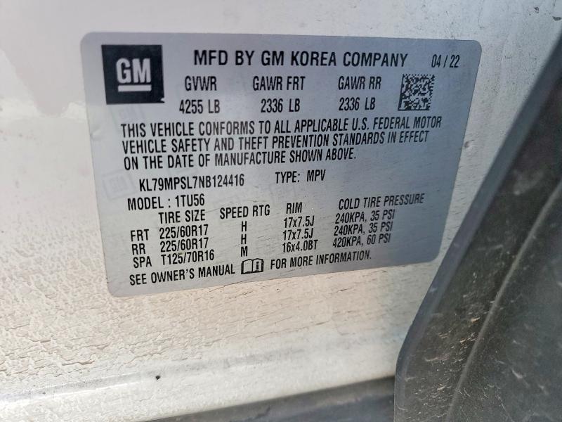 77213955 :رقم المزاد ، KL79MPSL7NB124416 vin ، 2022 Chevrolet Trailblazer مزاد بيع