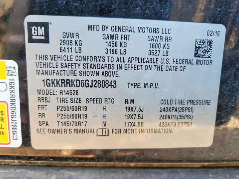 Продаж на аукціоні авто 2016 Gmc Acadia, vin: 1GKKRRKD6GJ280843, номер лоту: 76232325