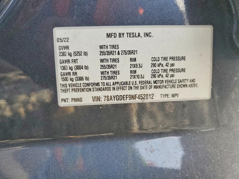 76728055 :رقم المزاد ، 7SAYGDEF9NF452012 vin ، 2022 Tesla Model Y مزاد بيع