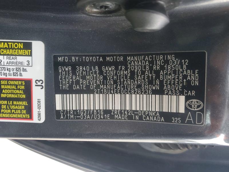 78961735 :رقم المزاد ، 2T1BU4EE0CC826236 vin ، 2012 Toyota Corolla مزاد بيع