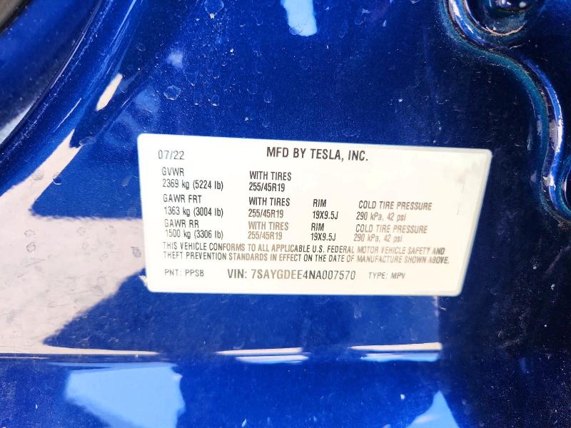 77370045 :رقم المزاد ، 7SAYGDEE4NA007570 vin ، 2022 Tesla Model Y مزاد بيع