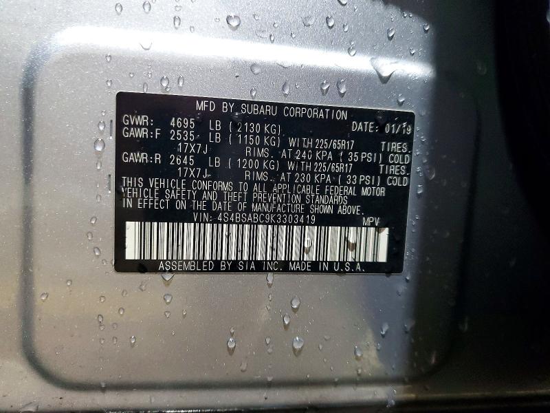 72853655 :رقم المزاد ، 4S4BSABC9K3303419 vin ، 2019 Subaru Outback مزاد بيع