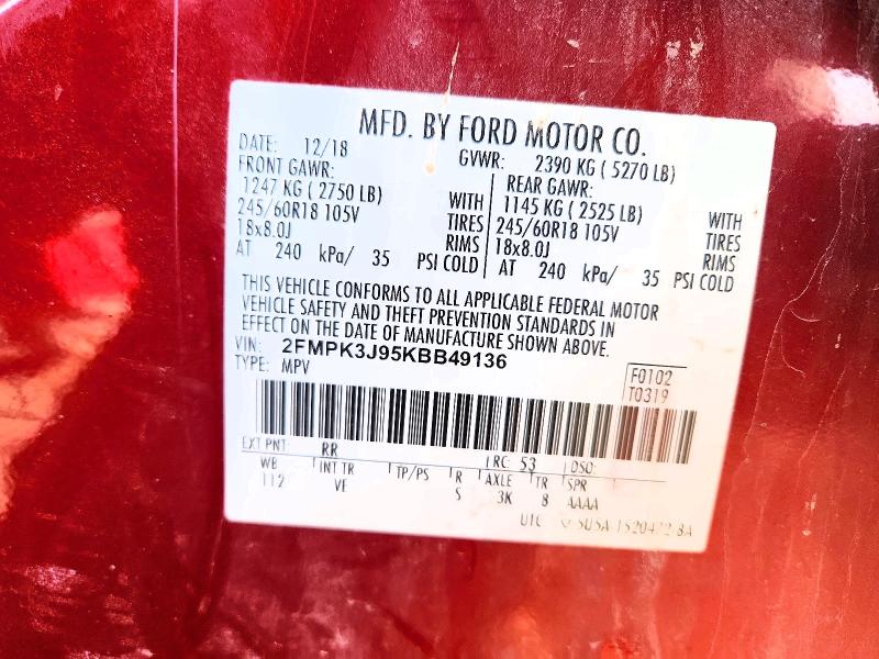 Auction sale of the 2019 Ford Edge, vin: 2FMPK3J95KBB49136, lot number: 76648945