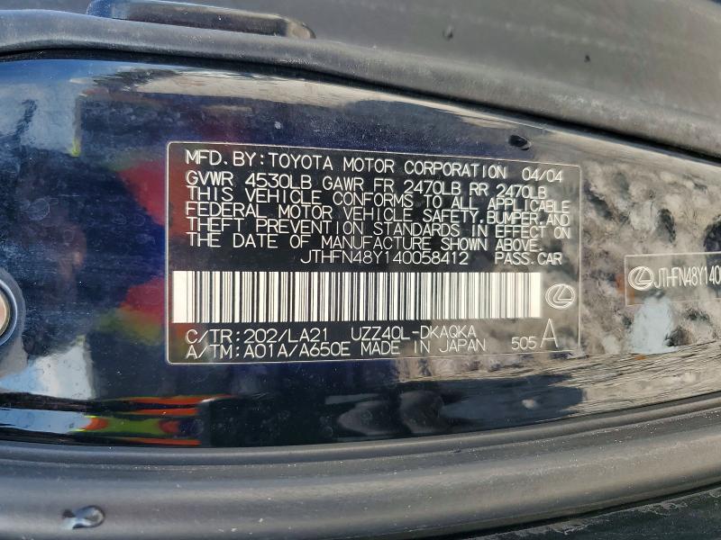 Продаж на аукціоні авто 2004 Lexus Sc 430, vin: JTHFN48Y140058412, номер лоту: 77357765